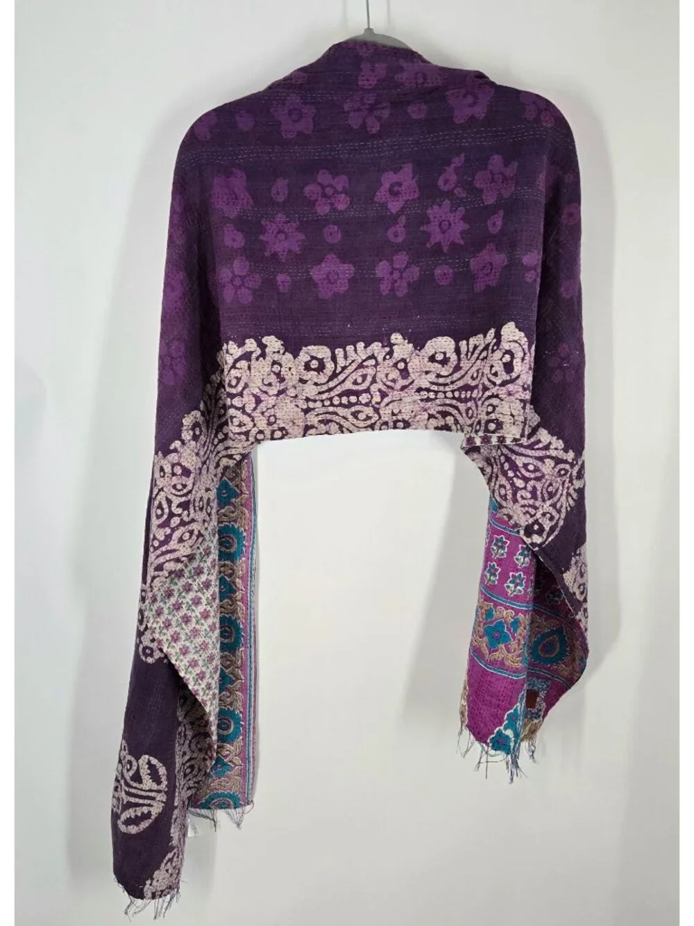 Mieko Mintz Purple & White Hand Stitched Floral Kantha Fabric Scarf Shawl Cotton